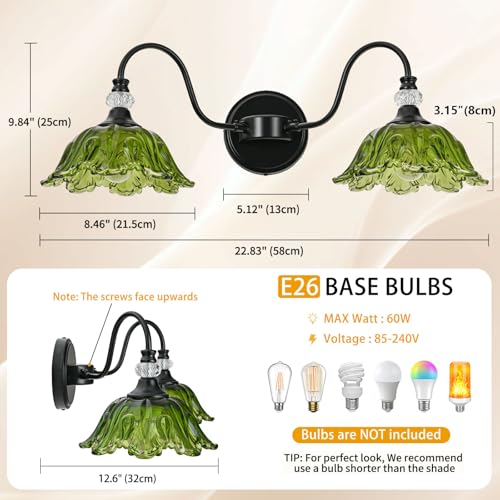 Image of Black Bathroom Vanity Light, 2-Light Vanity Light with Floral Green Glass Shades,Vintage Farmhouse Wall Mount Lighting for Bathroom, Dressing Table