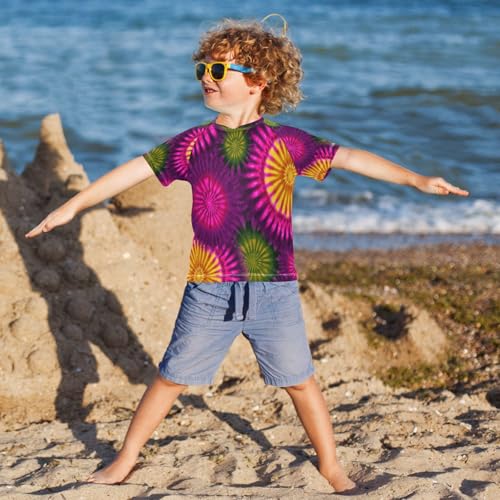 Boys Short Sleeve T-Shirts Tie-dye Ethnic Purple Rashguard Kids Swim Shirts Sun UPF 50+4