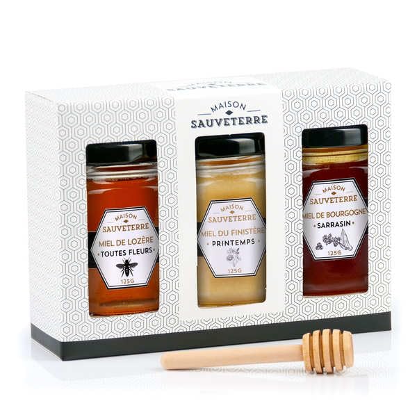 Coffret cadeau 3 miels de France et cuillère à miel - Coffret cadeau 3x125g