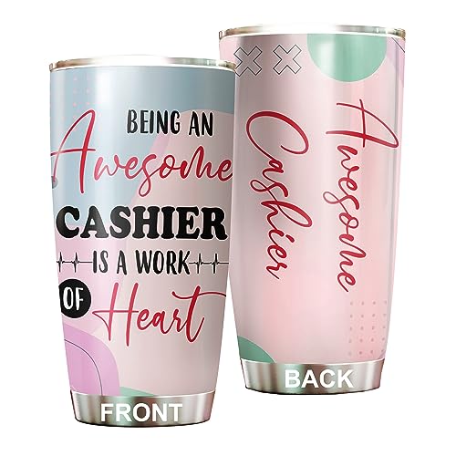 MEDROC Awesome Cashier Tumbler Stainless Steel 20oz, Funny Cashier Gifts Bulk For Birthday Christmas, Cashier Gifts For Men Women Office Coworker Driking Coffee Cup Humor