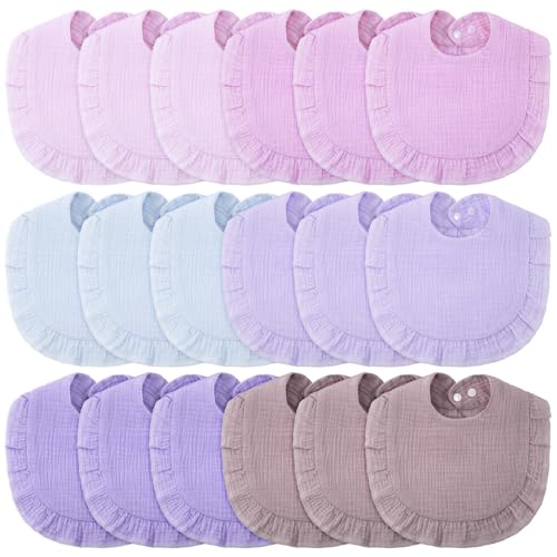 Image of Kenning 18 Pcs Muslin Drool Baby Bibs Ruffle Absorbent Bib with Snap Button Boy Girl for Drooling Teething Infant Newborn