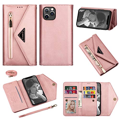 Artfeel Custodia Portafoglio Compatibile con iPhone 12/iPhone 12 PRO 6.1 Pollice,Pelle Cerniera Tasca Borsa a Tracolla Borsetta Crossbody Cover con Porta Carte,Cordino,Cinturino da Polso-Oro Rosa