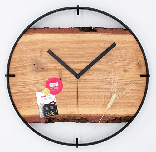 ehrenwalde® Wanduhr Holz aus Eiche mit Metallring lautlos ohne tickgeräusche Rustikal Echtholz Hingucker im Wohnzimmer Schwarz (40 cm Durchmesser) Cover