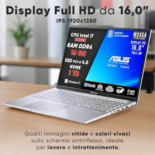 VivoBook Pc Portatile, Notebook i7 13620H, 16GB RAM DDR4, SSD 1TB, DISPLAY IPS WUXGA 16,0" FULL HD, Computer Portatile, Laptop con Tastiera Retroilluminata, Fingerprint, 16" - Garanzia 3 Anni - Notebook - Immagine 1