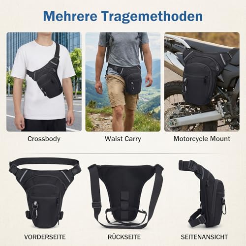 Beintasche Motorrad für Herren Damen - wasserdichte Oberschenkeltasche, Motorrad Tasche Motorrad Zubehör, Bauchtasche Erweiterbare Stauraum Verstellbare Beinriemen für Wandern Radfahren