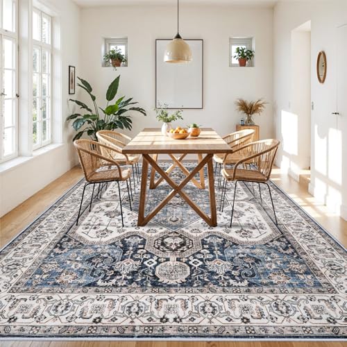 Living Room 9x12 Area Rugs - Large Boho Rugs for Living Room Stain Resistant Carpet Vintage Tribal Rugs for Bedroom Kitchen Bathroom with Non Slip Backing Home Decor Floor Decor Mat 9x12 Navy/Blue