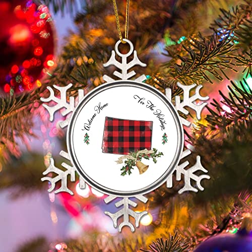 Welcome Home For The Holidays Colorado Christmas Ornament For Tree American State Usa States Snowflake Metal Ornaments Hanging Pendant Red Plaid Usa State With Bell Christmas Decor #TOP3