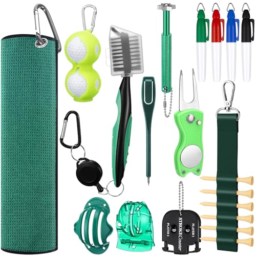 Syhood 21 Pcs Golf Accessories Kit Cleaning Kit Include Golf Brush, Towel, Groove Sharpener, Divot Repair Tool, Ball Alignment Portable Tool Gifts for Men or Women(Green)