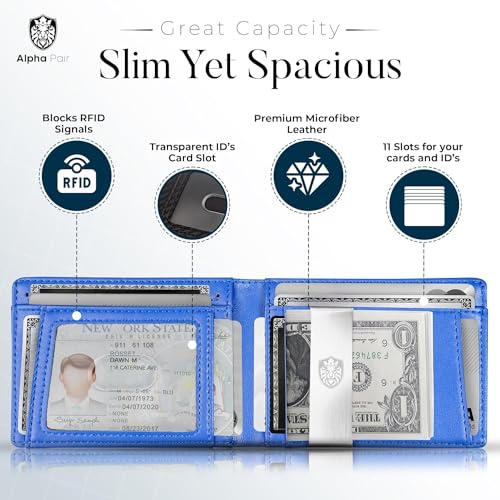 Image of ALPHA PAIR Smart Wallet with Air Tag Holder - Minimalist Bifold RFID Blocking Wallet with Money Clip - Men Wallet with Airtag for Apple - Black Leather Wallet with BLUE Trim