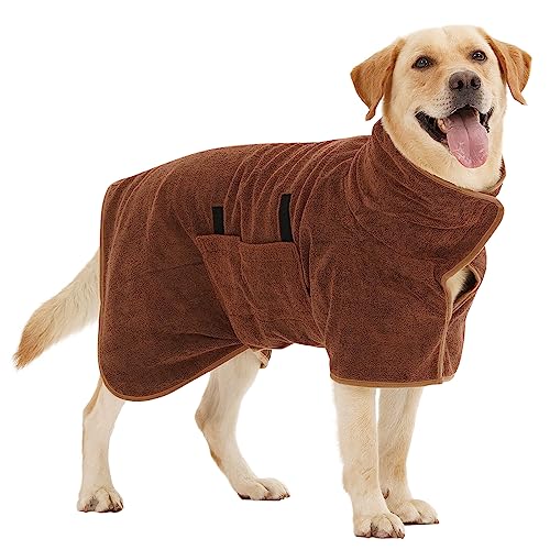 HezzLuv Bademantel für Hunde, Hundebademantel aus Mikrofaser für mittlere und große Hunde, super saugfähiger Haustier Trockenmantel, ganzjahres schnell trocknendes Hundehandtuch (Braun,XL)