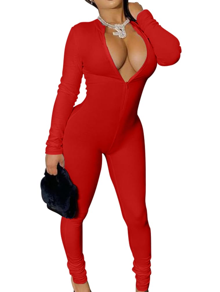 TOB Women's Soft Long Sleeves Zip Up One Piece Bodycon Jumpsuits Playsuits Red
