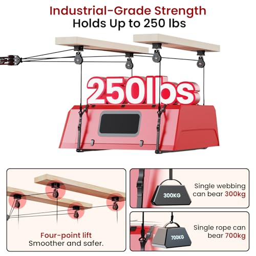 Pacikwest Truck Cap Hoist System for Garage Ceiling, Smart 4-Point Self-Leveling Garage Hoist with 8:1 Pulley Lift System, Easy One-Person Overhead Garage Storage Lift for Truck Topper Rack, 250 lb