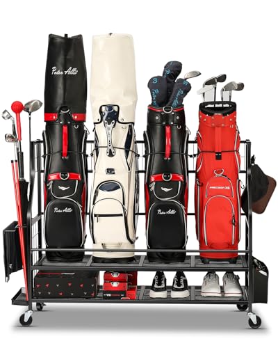 FHXZH 4 Golf Bag Storage Garage Organizer - Extra Large Golf Bag Stand for Golf Clubs Equipment Accessories, Golf Bag Storage Rack with Wheels for Garage, Home, Club, Basement, Shed