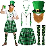 Beipegin 6 Piezas San Patricio Accesorios, Falda Escocesa Verde Irlandesa con Tirantes, Calcetines, Sombrero de Duende, Barba y Collar de Taza