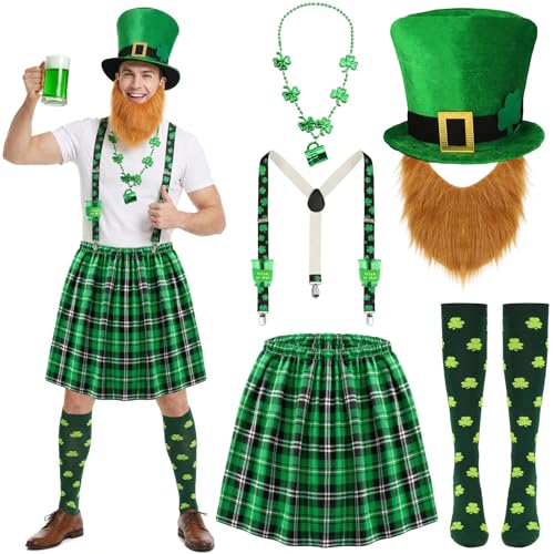Beipegin 6pcs St Patricks Day Costume for Men, Irish Plaid Green Kilt with Suspenders Socks Leprechaun Hat Beard and Cup Necklace