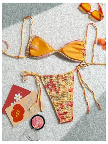 SOLY HUX Women's Triangle Bikini Set Textured Smocked String Swimsuit Boho Two Piece Bathing Suit2