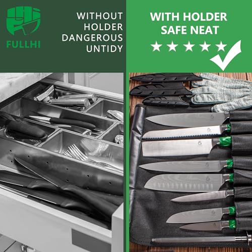 FULLHI 15pcs Japanese Knife Set with Magnetic Knife Block Holder, Japan Stainless Steel Blades, Green Resin Ergonomic Handles for Professional and Home Cooking