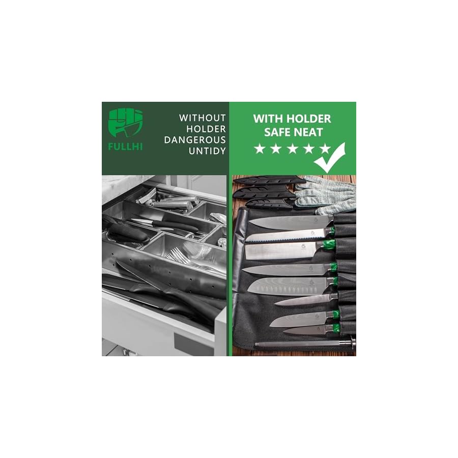 FULLHI 15pcs Japanese Knife Set with Magnetic Knife Block Holder, Japan Stainless Steel Blades, Green Resin Ergonomic Handles for Professional and Home Cooking