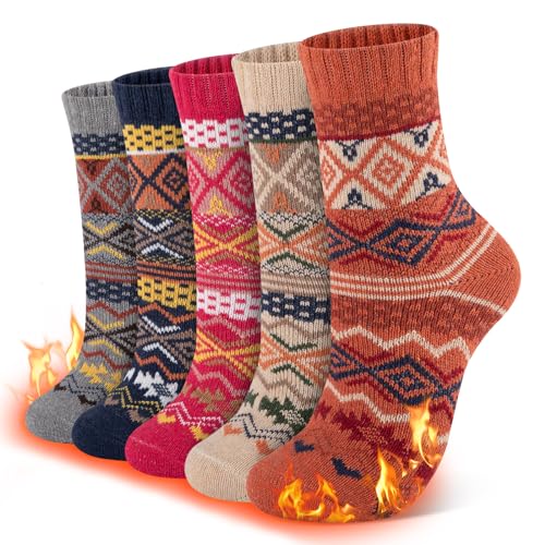 COOVAN Womens Wool Socks for Cold Weather, Winter Warm Soft Knit Thermal Crew Socks for Women (5 Pairs)