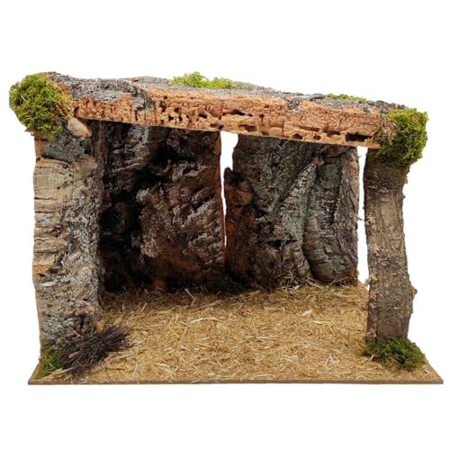AC - Cueva/Portal de belén de Corcho, Pesebre con Techo y Musgo para Nacimiento, Figura de Navidad, decoración Tradicional - 38 x 24 x 28 cm - Modelo Aleatorio