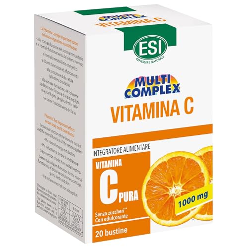 ESI - Multicomplex Vitamina C Pura, Integratore Alimentare Massimo Dosaggio, Supporta il Funzionamento del Sistema Immunitario, Gusto Agrumi, Senza Glutine e Vegan, 20 Bustine