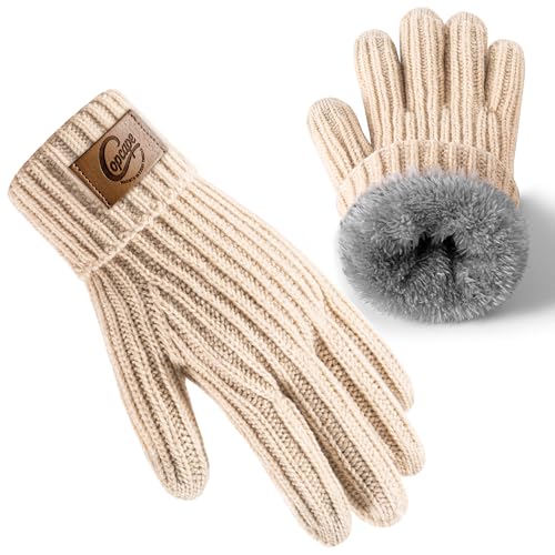 Copcape Winter Gloves for Men Women Cold Weather,Black Mittens for Women,Warm Knit Thermal Men Gloves with Touchscreen Fingers-Beige