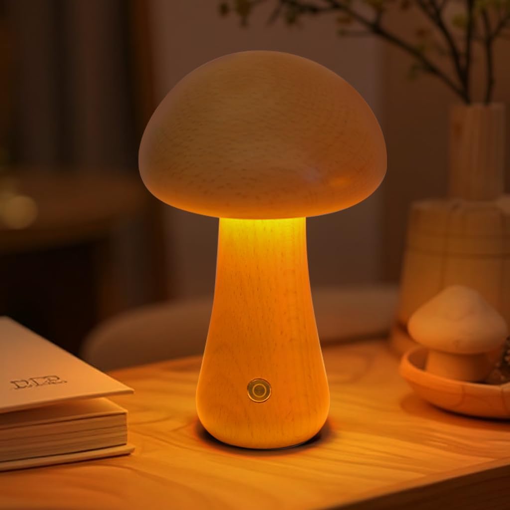 Mushroom Lamp, Rechargeable Touch Control Mushroom Night Light, Portable Dimmable Wooden Lamp for Kids Room, Bedroom, 6.3" H