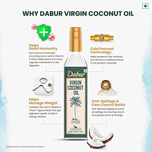 Image of Dabur Pure & Unrefined Cold Pressed Virgin Coconut Oil | 1L | Naturally Cholesterol Free | Rich Aroma & Flavour of Natural Coconut Oil | For Daily Cooking with Multipurpose Usage | Finest Quality Coconuts | No Trans Fat | 60% MCT | Anti-spillage bottle