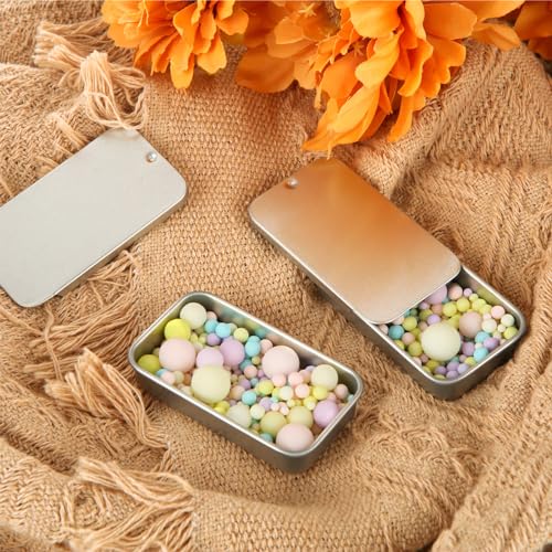 Image of DAJAVE 100 Pack Mini Metal Tin Containers, 0.5 oz Rectangle Metal Tin Box with Slide Lids for Lip Balm, Jewelry, Crafts, Pills (Silver)