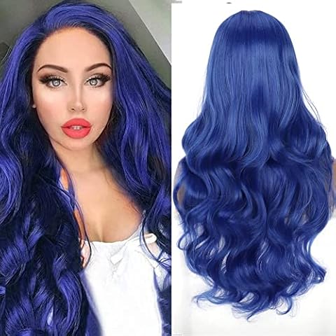 Colorfulpanda Long Hair Wigs for Women Natural Wavy Curly Blue Wig Middle Part Heat Resistant Replacement for Daily Use or Halloween Party Indigo Blue Cover