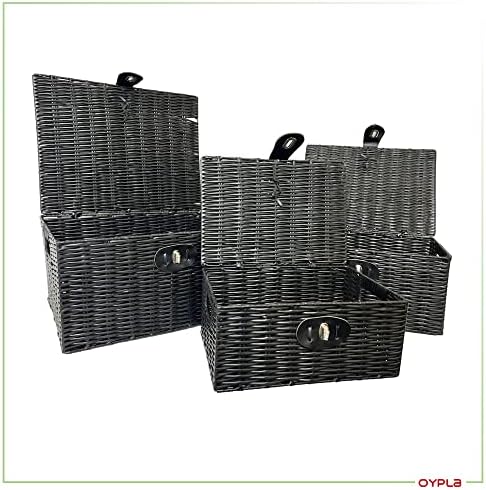 Oypla Set of 3 Black Resin Woven Wicker Style Baskets Hampers Storage Boxes