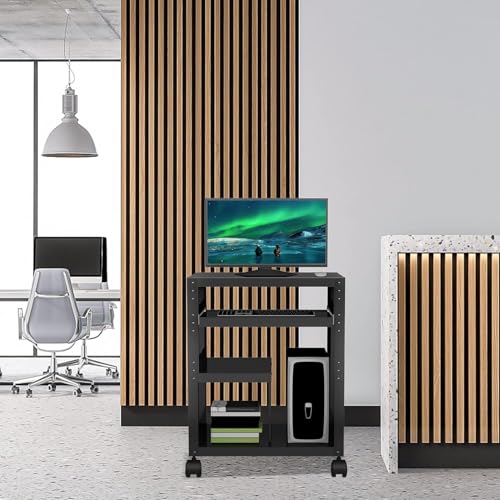 YAGEANNL Rolling AV Cart Stand with Keyboard Tray, Height Adjustable Presentation Cart Metal Media Cart with Wheels for Video Projector, Mobile Workstation for School Classroom Office  - Thumbnail 7
