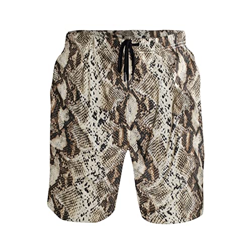 Men's Snake Skin Brown Swim Trunks, Quick Dry Beach Board Shorts with Mesh Lining and Pockets