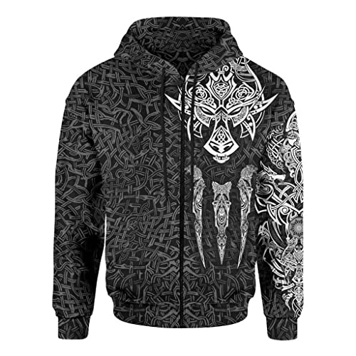 Pull à capuche Viking pour homme avec impression 3D loup d'Odin et tatouage celte
