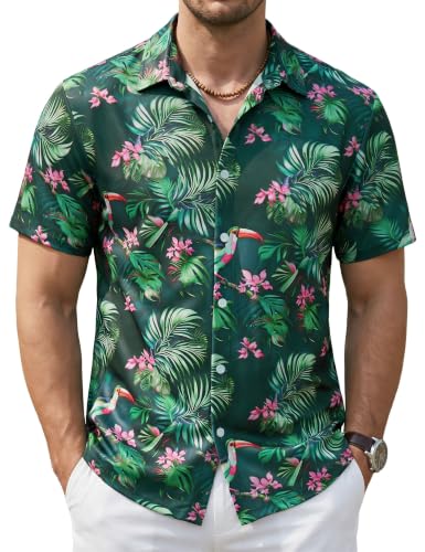 Cotrasen Men's Casual Hawaiian Button Down Summer Shirts Rainforest L