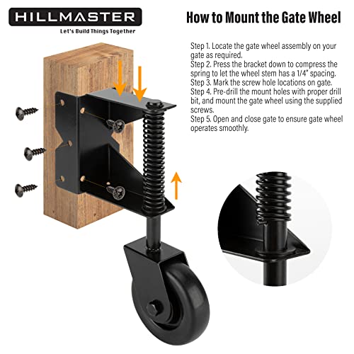 HILLMASTER 4 Inch Gate Wheel Gate Caster Kit with Spring Loaded for Wooden Fences, Heavy Duty Gate Helper Wheel Gate Support Wheel for Vinyl Swing Gates, Black