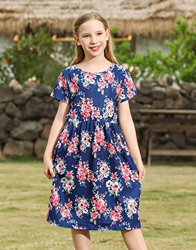 21Kids Girls Floral Casual Short Sleeve Short Dress Maxi Dress With Pockets, Dark Blue, 10 Years #TOP2