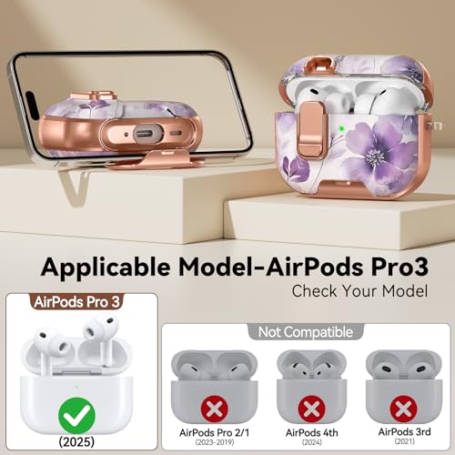 Image of for AirPod Pro 3 Case 2025, with Safty Lock & Phone Stand for Floral AirPod Pro 3 Generation Case Cover for Women Girly, iPod Pro 3 Cases with Keychain & Cleaner Kit -Purple Ink Wash Flower