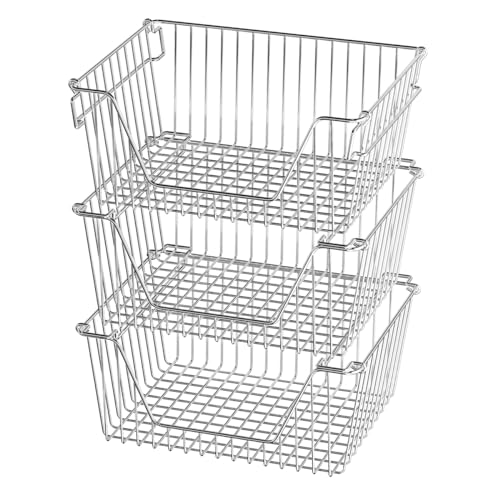 SANNO 14 Large Stackable Baskets Metal Wire Basket, Storage Organizer Bin Basket with Handles, Open Front for Kitchen Cabinets, Pantry, Closets, Bedrooms, Bathrooms - Large, 3 Pack