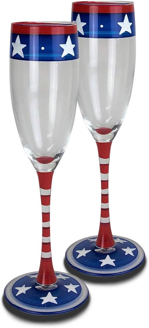 Hand Painted Champagne Flute Set of 2 - Patriotic Collection - Hand Painted Glassware by USA Artists - Unique and Decorative Champagne Glasses, July 4th Kitchen Table Décor
