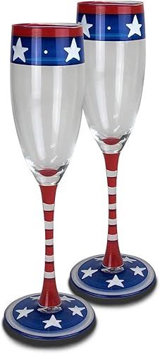 Juego de 2 flautas de champán pintadas a mano, colección patriótica, cristalería pintada a mano por artistas estadounidenses, copas de champán