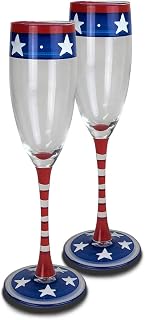 Hand Painted Champagne Flute Set of 2 - Patriotic Collection - Hand Painted Glassware by USA Artists - Unique and Decorative Champagne Glasses, July 4th Kitchen Table Décor