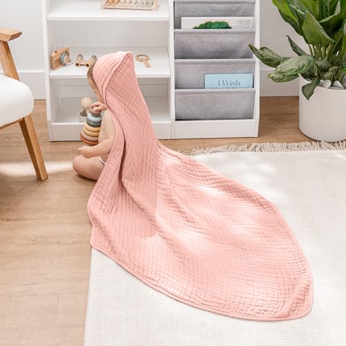 Image of Comfy Cubs Hooded Baby Towel 2-Pack, Large 32 x 32 Inch - 6 Layer 100% Muslin Cotton for Babies, Toddlers and Kids - Soft & Absorbent Baby Bath Towels - Unisex Design for Bath Time - Bold Blush