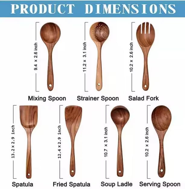 OAKSTONE™ Premium Wooden Cooking Utensils – 10-Piece with Holder, Mixing Spoon, Strainer, Salad Fork, Spatula, Fried Spatula, Soup Ladle, Serving Spoon and more
