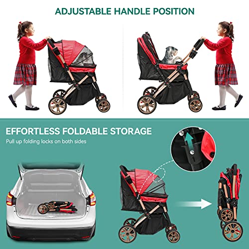 Yitahome Dog Stroller For Medium Small Dogs, Upgraded Version With Larger Room, Foldable Pet Stroller With 360° Rotation Wheel, Cat Kitty Puppy Stroller With Storage Basket (Red) #TOP6