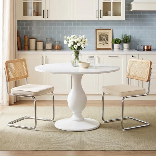 Image of Zesthouse Natural Rattan Dining Chairs Set of 2, Mid Century Modern Dining Chairs with Solid Wood Back & Chrome Base, for Kitchen Living Room, Breuer Design Inspired, Upholstered Linen Fabric, Beige
