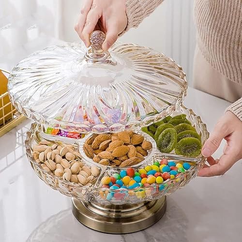 Plateau à goûter en verre divisé avec couvercle, 5 compartiments pour noix, fruits secs, base en métal, plateau de service pour table basse, décoration d'intérieur