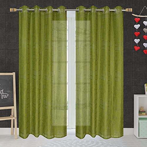 Image of Fabrilia Heavy Polyester Net Semi Sheer Fancy Grommet Curtains, Floral Design, Green, Long Door- 4 Feet X 9 Feet, Pack Of 2 Pcs