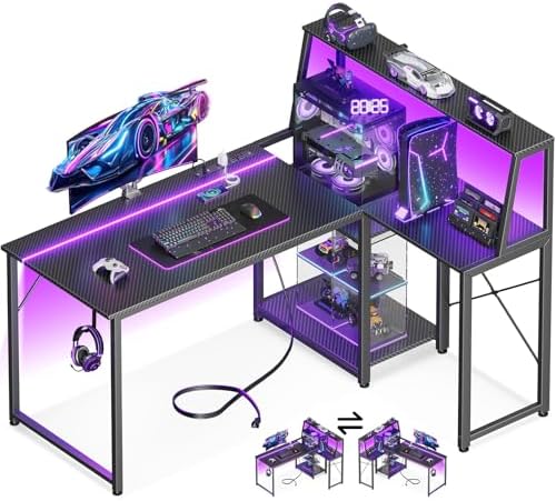 MOTPK 45 Inch L Shaped Gaming Desk with Power Outlet & LED Lights...