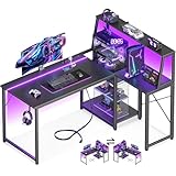MOTPK 45 Inch L Shaped Gaming Desk with Power Outlet & LED Lights, Computer Table with Corner Desktop Showcase for CPU Stand, Display Storage Shelf, Carbon Fiber Surface, Black